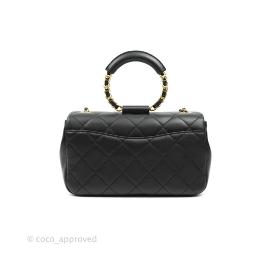 Chanel Circular Handle Flap Bag Black Lambskin Aged Gold Hardware