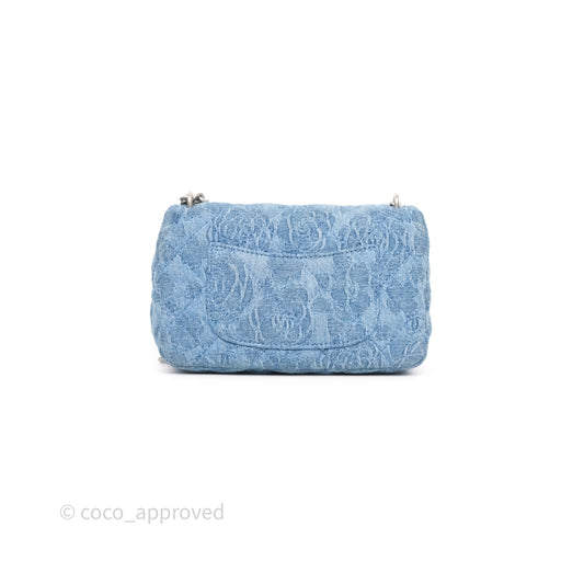 Chanel Mini Camellia Printed Heart Crush Flap Bag Blue Denim Aged Silver Hardware