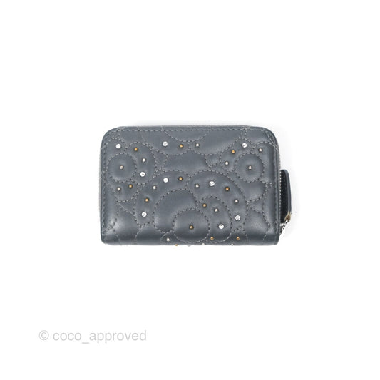 Chanel Camellia Crystal Studded Zipped Coin Purse Grey Silver Hardware