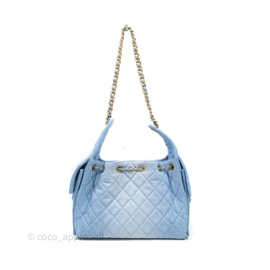 Chanel 25 Small Hobo Blue Washed Denim Aged Gold Hardware