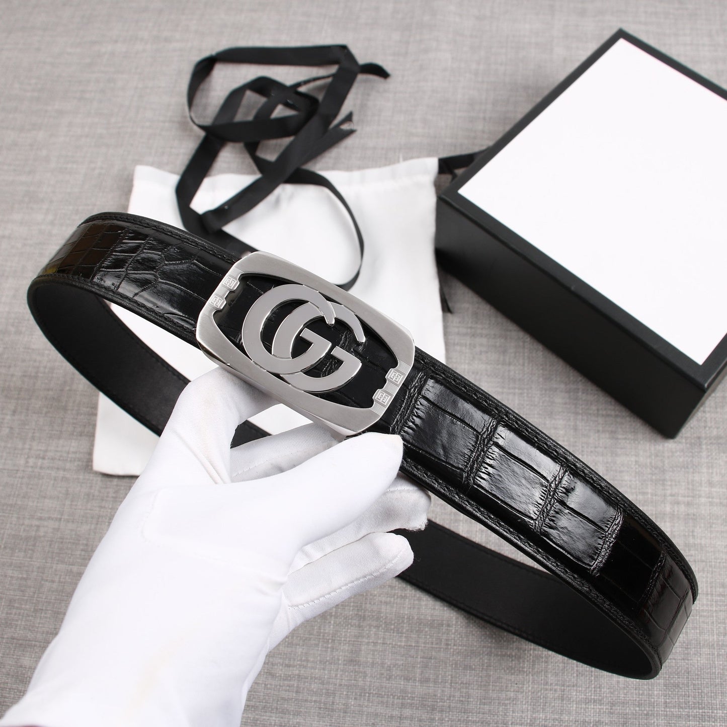 Luxury Gucci G BELT SILVER BUCKLE CROCODILE POLISHED BLACK 3.8CM