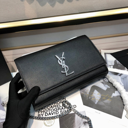 Luxury Saint Laurent kate medium 24cm black grained calfskin silver hardware