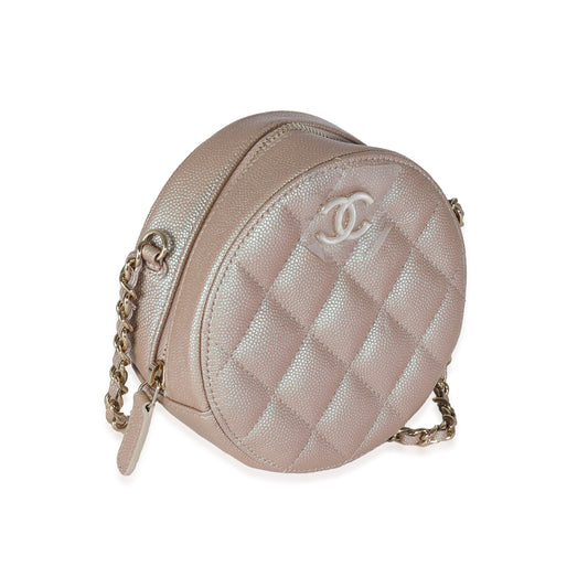 CHANEL Pink Iridescent Quilted Caviar Round Clutch With Chain
