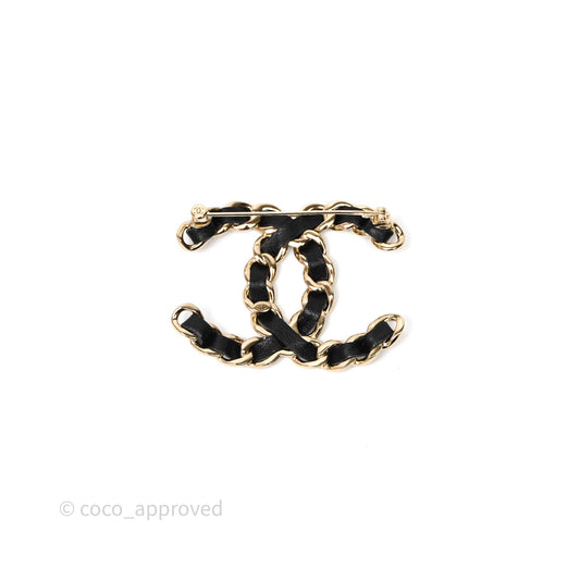 Chanel CC Braided Black Leather Brooch Gold Tone 22V