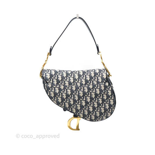 Christian Dior Saddle Bag Blue Oblique Jacquard Gold Hardware