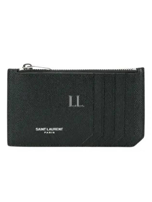 Luxury Saint Laurent Leather Zipper Classic Fragment Card Wallet Black