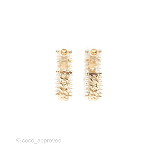 Chanel CC Pearl Hoop Earrings Gold Tone 20C