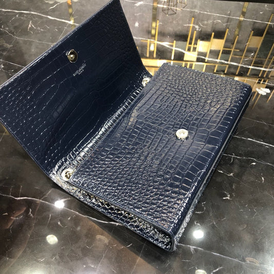 Luxury Saint Laurent KATE TASSEL 24 IN NAVY BLUE CROCODILE PATTERN CALFSKIN SILVER HARDWARE