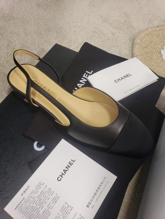 Luxury Chanel Slingback Flat Beige Lambskin Black Grosgrain Lambskin