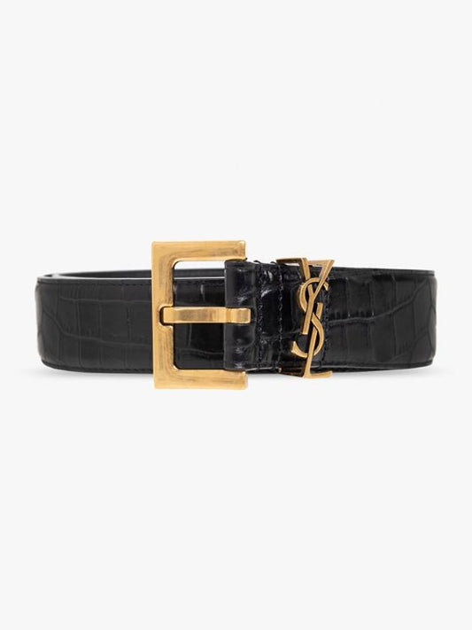 Luxury Saint Laurent Cassandra Square Crocodile Leather Buckle Belt Black