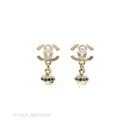 Chanel Crystal CC Drop Earrings Black Silver Tone 19B