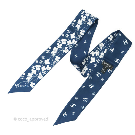 Chanel CC Flora Print Silk Twilly in Navy White