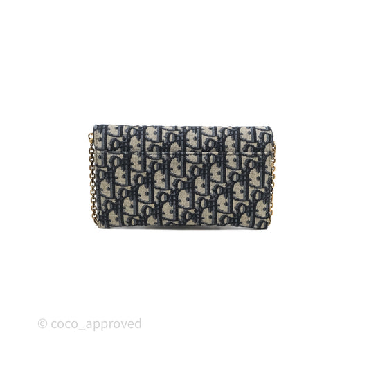 Christian Dior Small Saddle Pouch Wallet with Chain Blue Dior Oblique Jacquard