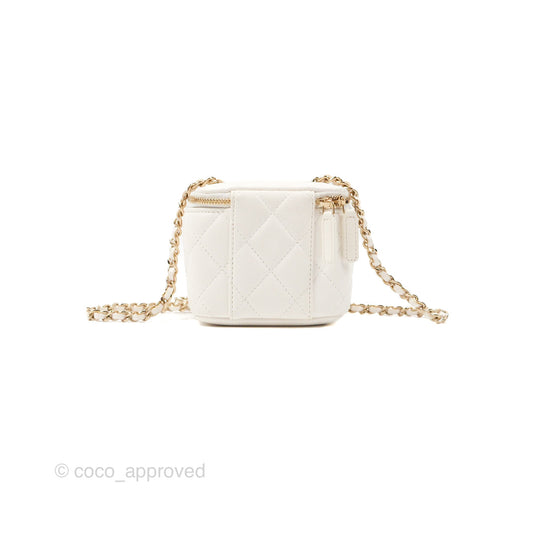 Chanel Camellia White Quilted Lambskin Mini Vanity with Chain Gold Hardware