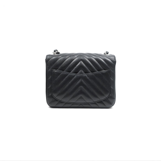 Chanel Mini Square Black Chevron Lambskin Silver Hardware