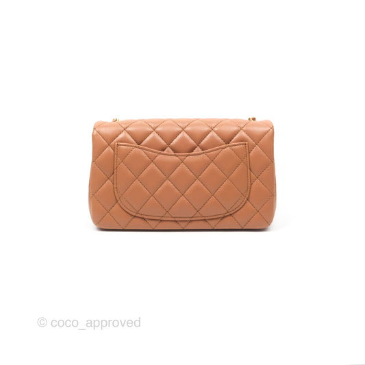 Chanel Mini Rectangular Pearl Crush Caramel Dark Beige Lambskin Aged Gold Hardware