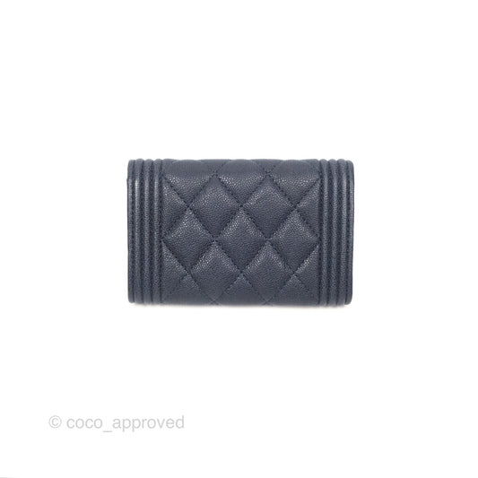 Chanel Quilted Boy Flap Card Holder Navy Caviar Gold Hardware