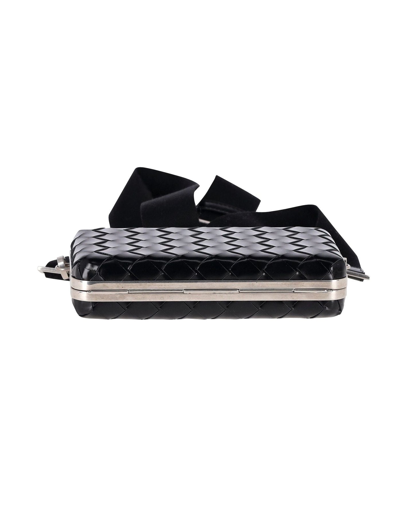Luxury Bottega Veneta Intrecciato Weave Clutch Crossbody Bag in Black Leather