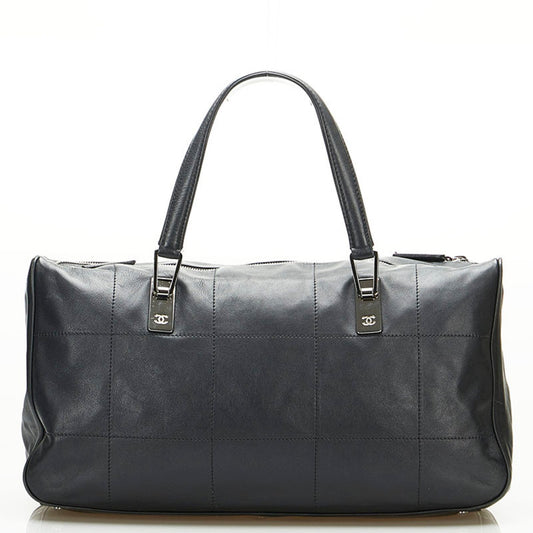 Luxury Chanel Chocolate Bar Coco Mark Handbag Boston Bag Black Leather Ladies