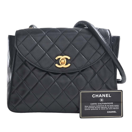 Luxury Chanel Lambskin Matelasse Coco Mark Turnlock Shoulder Bag Black Ladies