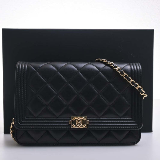 Luxury Chanel Leather Boy Coco Mark Chain Shoulder Long Wallet Black Ladies