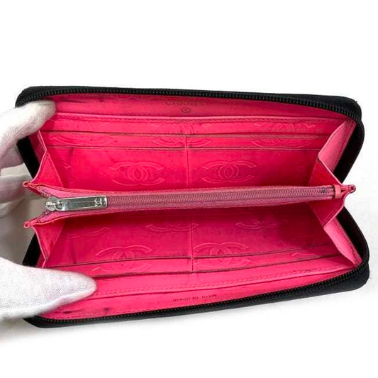 Luxury Chanel Round Long Wallet Black Pink Silver Cambon A50078 Cocomark Leather Lambskin 16th Purse Women's