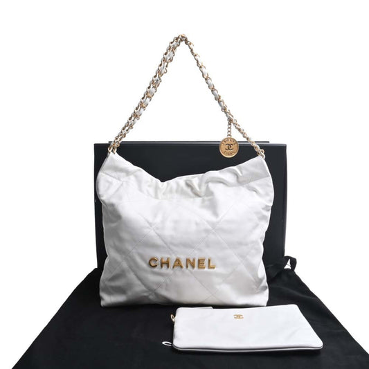 Luxury Chanel Leather Quilted 22 Chain Shoulder Bag White Ladies