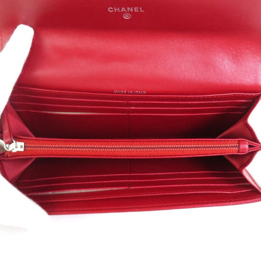 Luxury Chanel Long Wallet Camellia Coco Mark Embossed Leather Dark Red Silver Women's