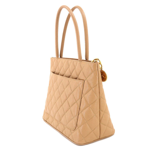 Luxury Chanel Reproduction Tote Bag Caviar Skin Beige A01804 Gold Hardware Vintage Medallion