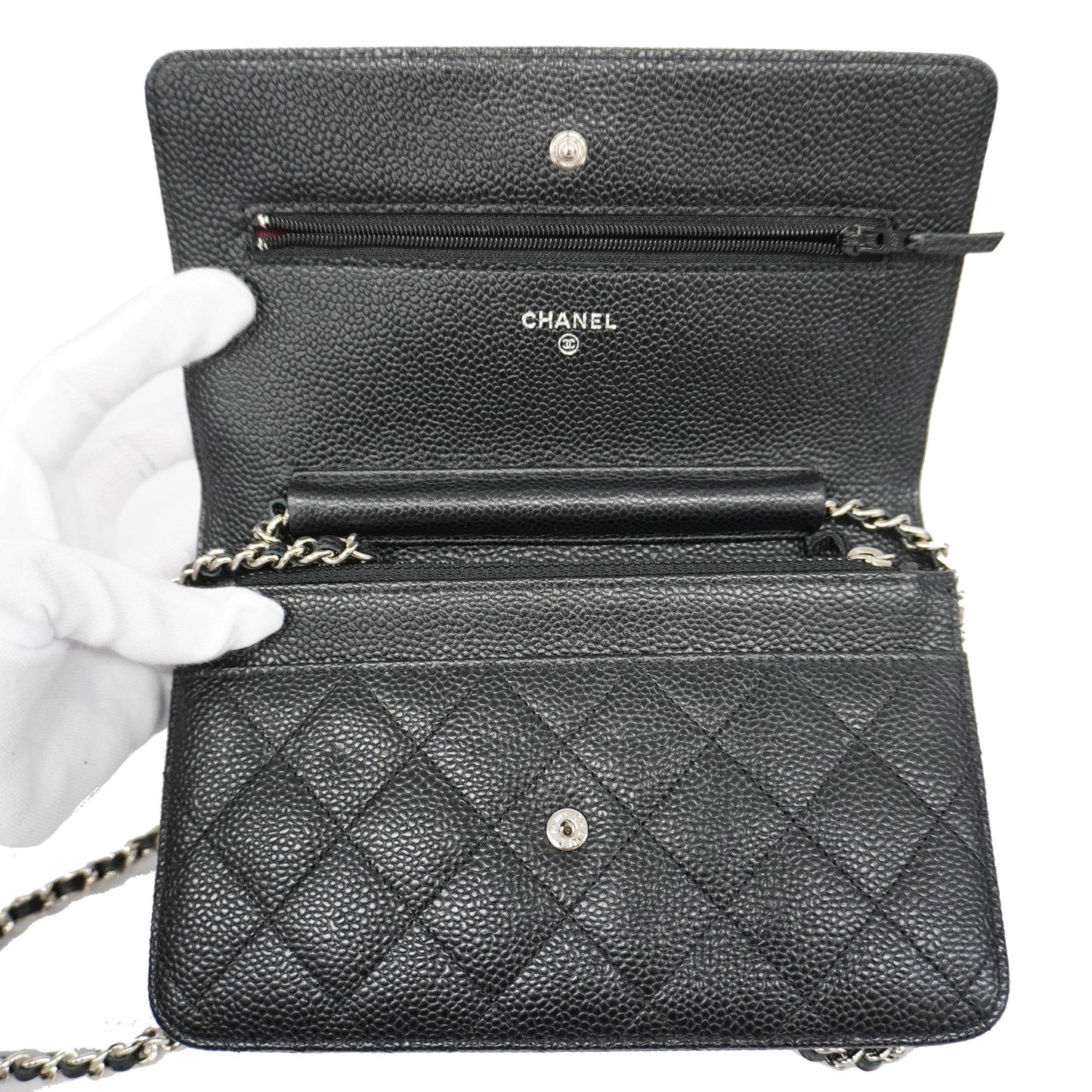 Luxury Chanel Matelasse Silver Hardware Caviar Leather Chain/Shoulder Wallet Black