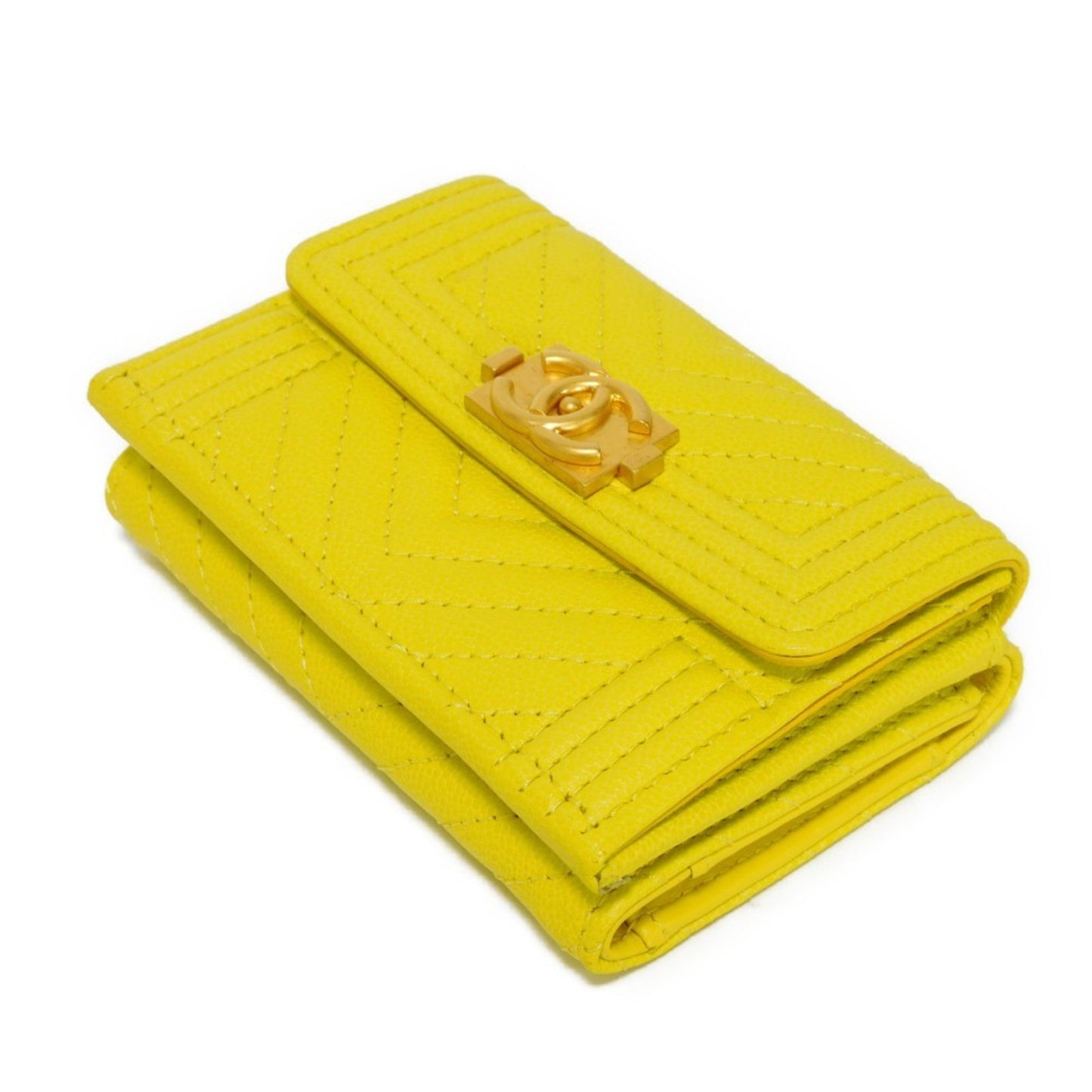 Luxury Chanel Trifold Wallet Boy Small Flap Turnlock Caviar Skin Chevron Yellow A84432 Men's Women's Bill Purse