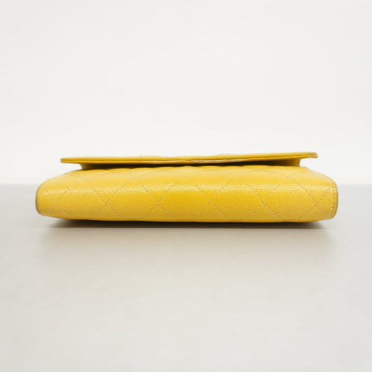CHANEL CC Filigree Gold Hardware Women's Caviar Leather Long Wallet Yellow