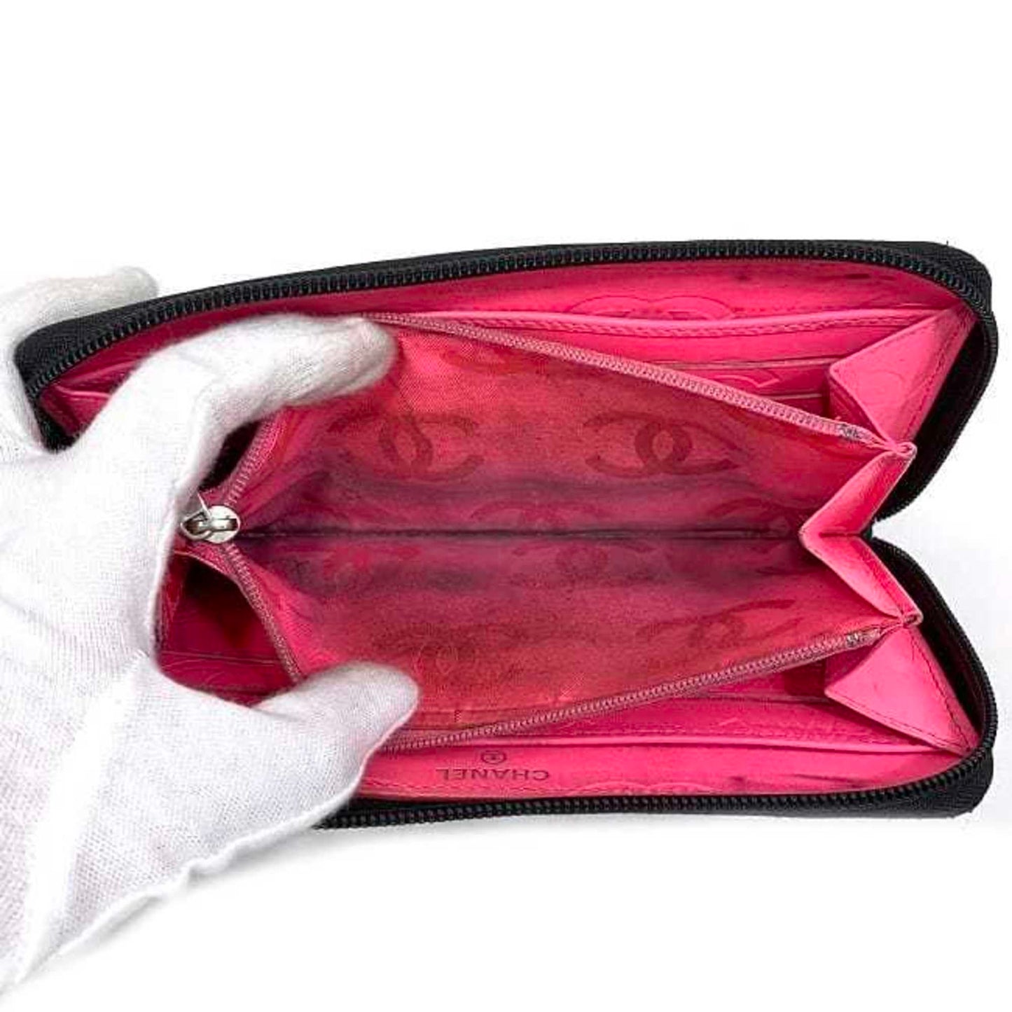 Luxury Chanel Round Long Wallet Black Pink Silver Cambon A50078 Cocomark Leather Lambskin 16th Purse Women's