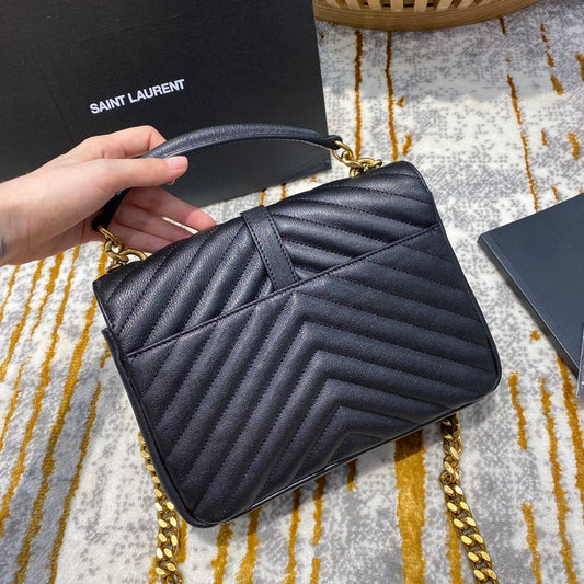 Luxury Saint Laurent YSL College Medium 24cm Black Quilted Calfskin Gold Hardware
