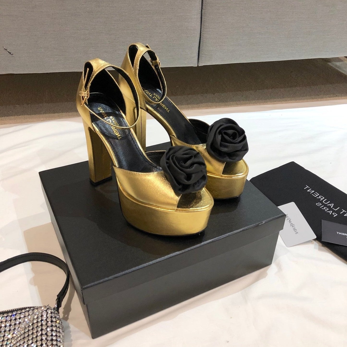 Luxury Saint Laurent SL IVY FLORAL 135 PLATFORM SANDAL GOLD CALFSKIN