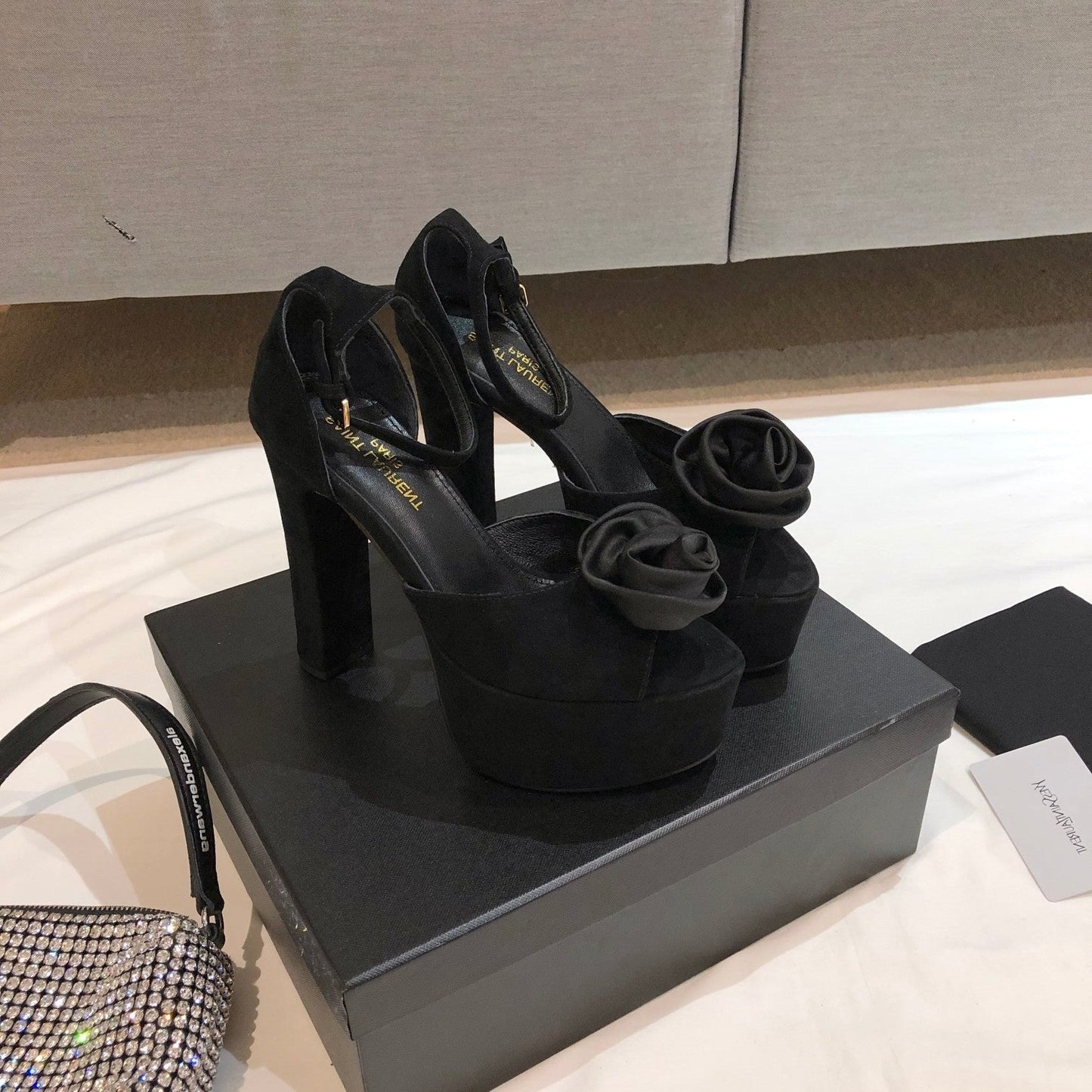 Luxury Saint Laurent SL IVY FLORAL 135 PLATFORM SANDAL BLACK SUEDE