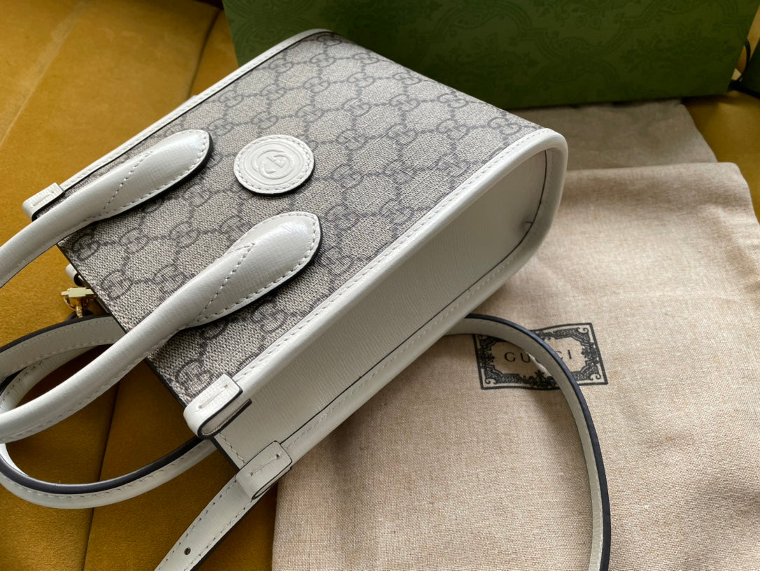 Luxury Gucci MINI TOTE 20 BAG IN BEIGE CANVAS AND WHITE CALFSKIN