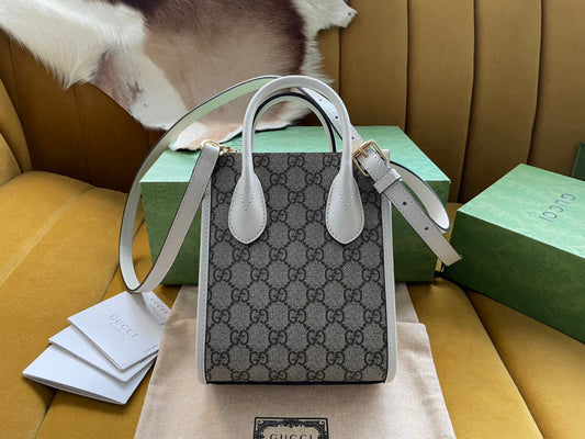 Luxury Gucci MINI TOTE 20 BAG IN BEIGE CANVAS AND WHITE CALFSKIN