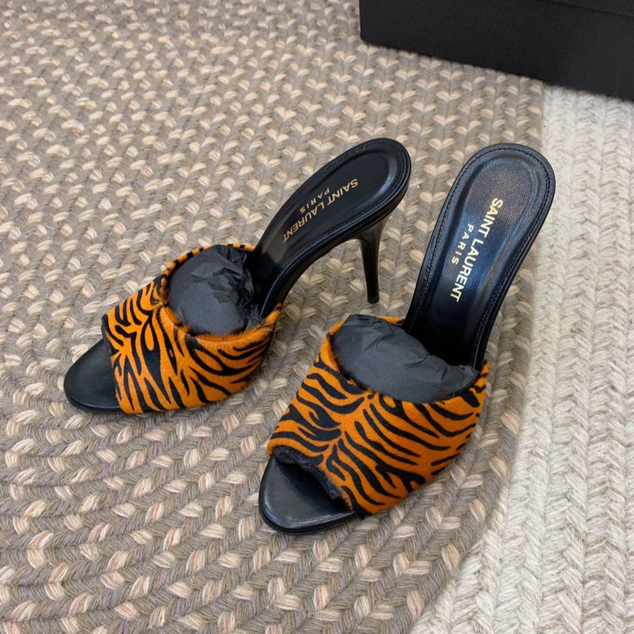 Luxury Saint Laurent LA 16 HEELED MULES IN TIGER PATTERN RABBIT FUR