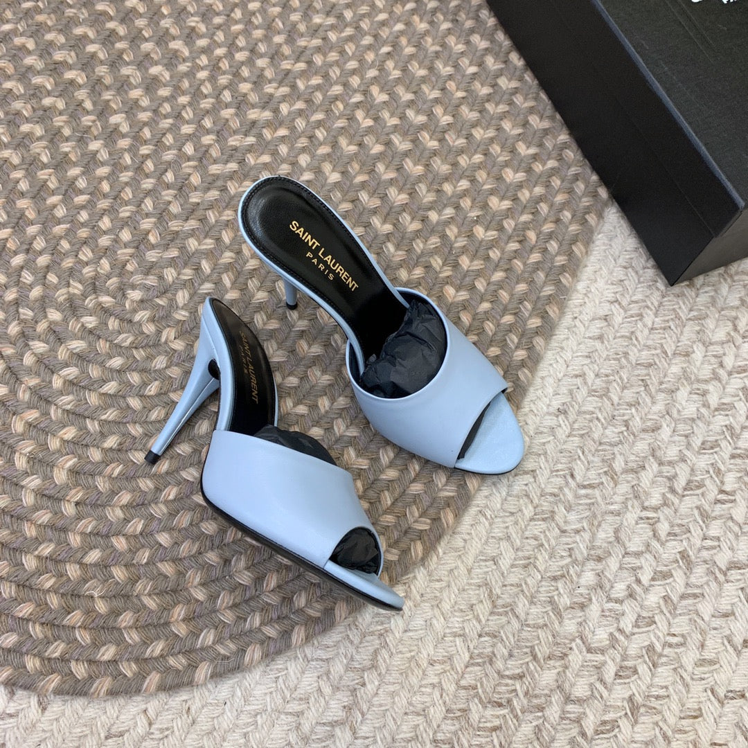 Luxury Saint Laurent LA 16 HEELED MULES IN SKY BLUE SMOOTH LAMBSKIN