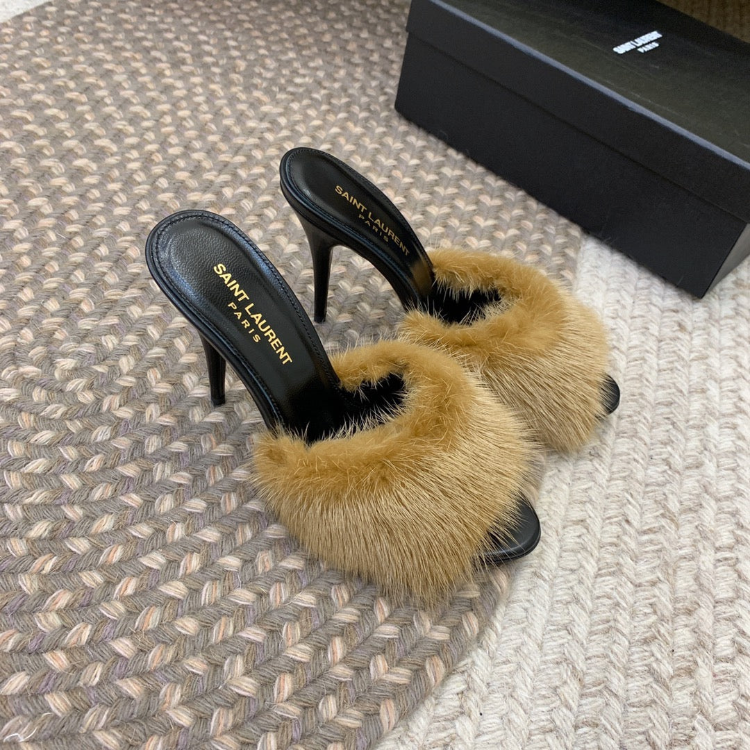 Luxury Saint Laurent LA 16 HEELED MULES IN DRIED MOSS RABBIT FUR AND SMOOTH LAMBSKIN