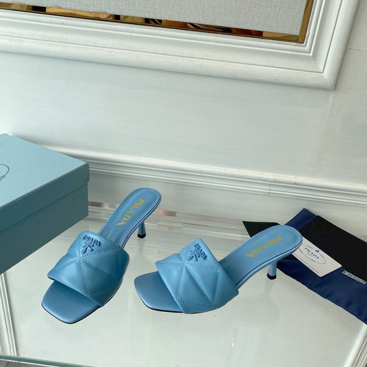 Luxury PradaHeeled Sandal 65 Pointed Sole Quilted Sky Blue Leather