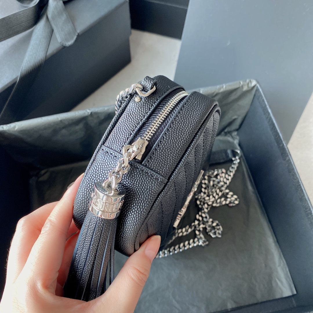 Luxury Saint Laurent LOU MINI CAMERA BAG 19 IN BLACK CAVIAR PATTERN CALFSKIN SILVER HARDWARE