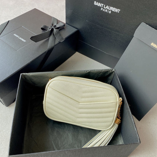 Luxury Saint Laurent LOU MINI CAMERA BAG 19 IN WHITE CAVIAR PATTERN CALFSKIN GOLD HARDWARE