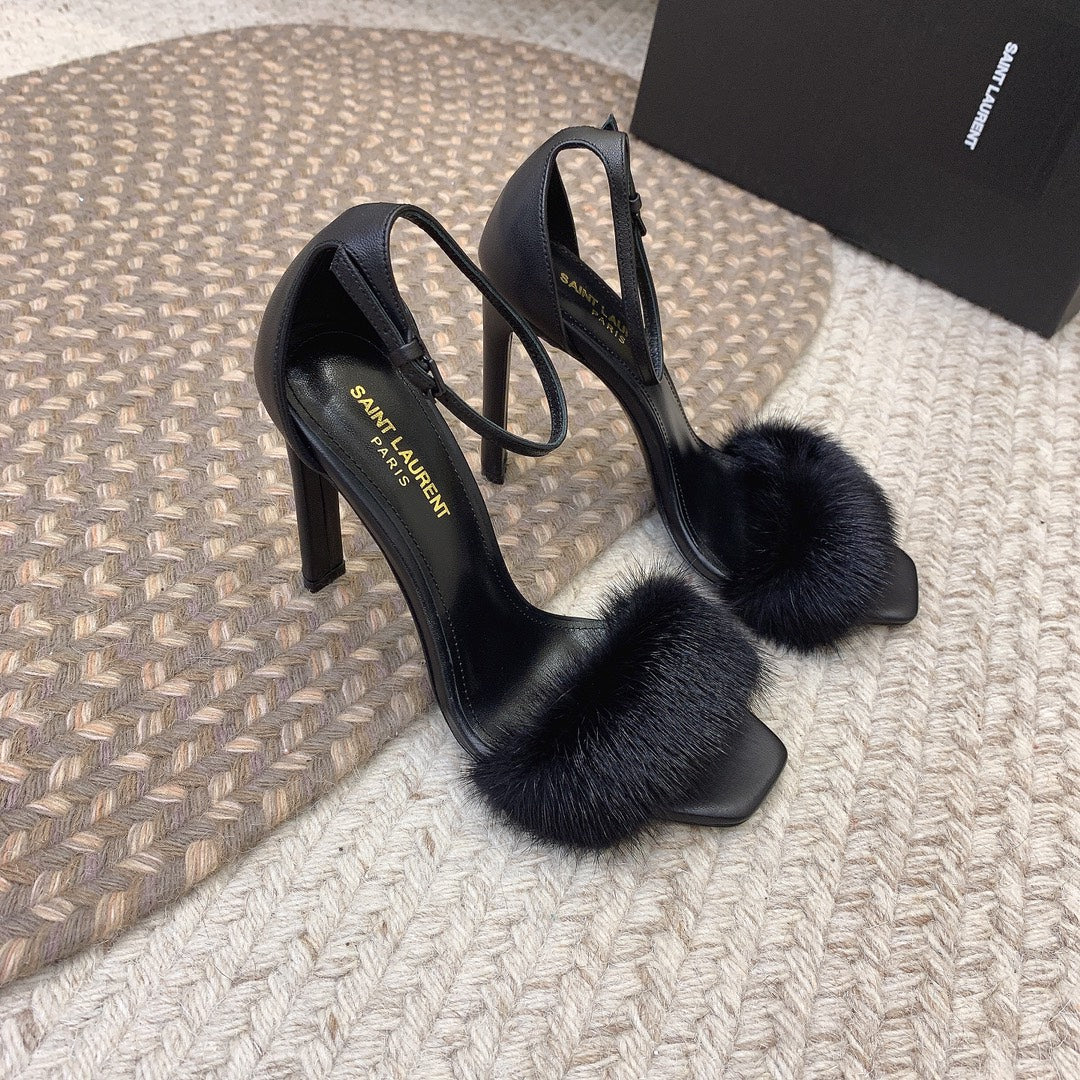 Luxury Saint Laurent HIGH HEELS SQUARE TOE IN BLACK MINK FUR