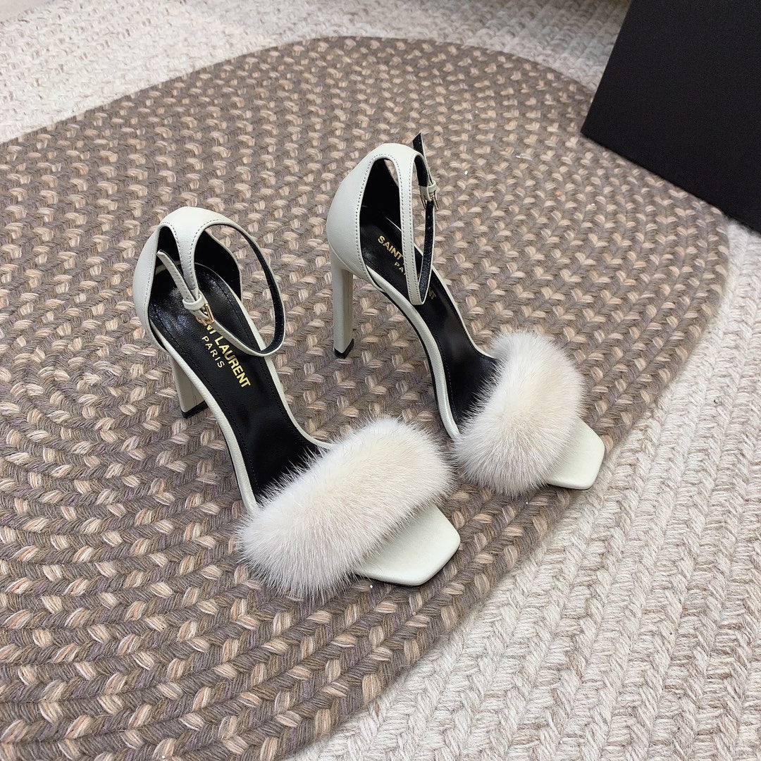 Luxury Saint Laurent HIGH HEELS SQUARE TOE IN WHITE MINK FUR