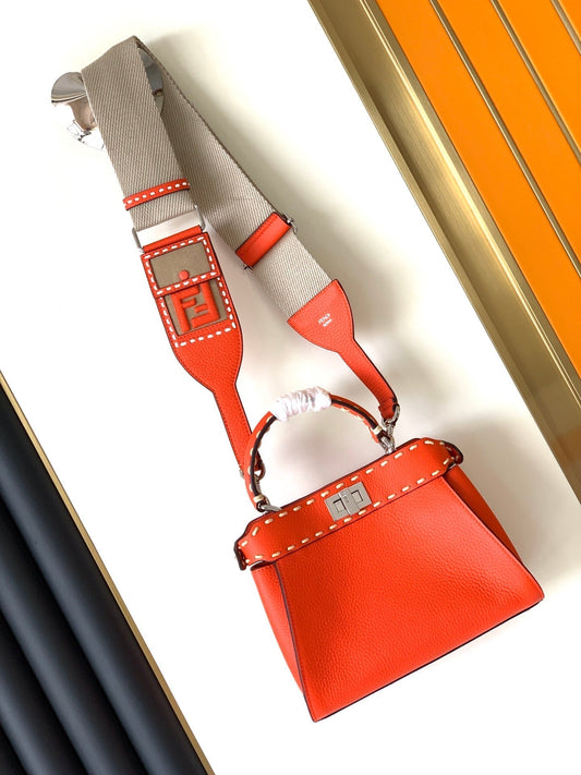 Luxury FendiPeekaboo Mini Selleria Bag 23cm red leather shw with 220 hand-sewn stitches