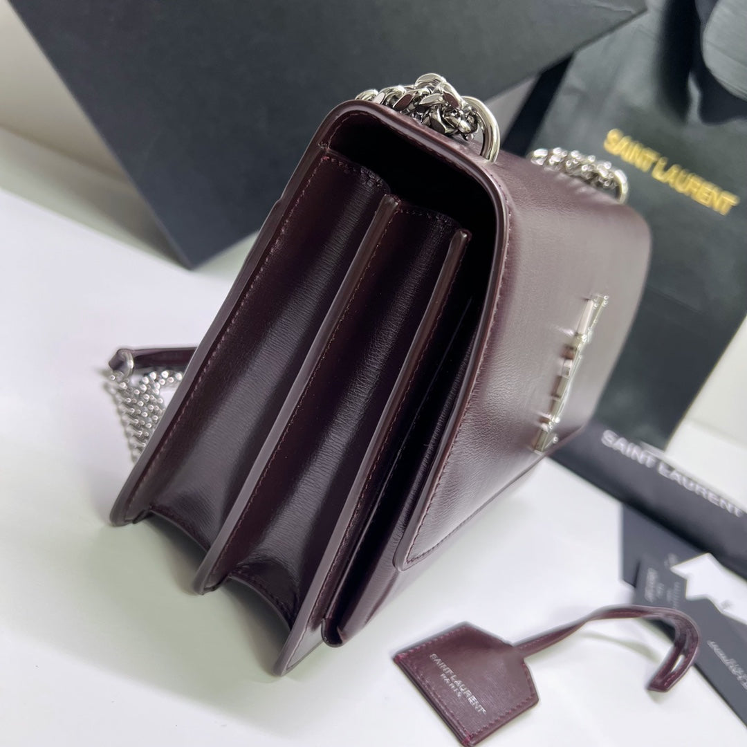 Luxury Saint Laurent SUNSET MEDIUM 22 IN MAROON CALFSKIN SILVER HARDWARE