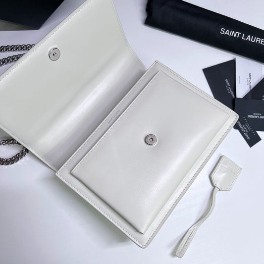 Luxury Saint Laurent SUNSET MEDIUM 22 IN WHITE CALFSKIN SILVER HARDWARE