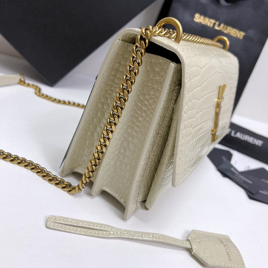 Luxury Saint Laurent SUNSET MEDIUM 22 IN WHITE CROCODILE PATTERN CALFSKIN GOLD HARDWARE